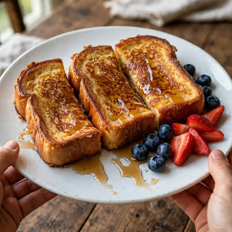 French toast on white plate with powdered sugar, strawberries, blueberries, and maple syrup on linen placemat
