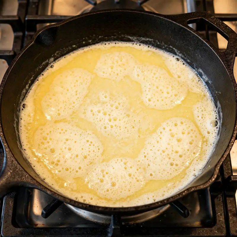 Butter melting and foaming in a cast iron skillet on a gas stove for French toast cooking