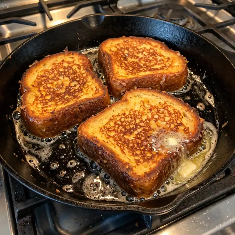 French toast slices cooking golden-brown in a cast iron skillet with butter and steam