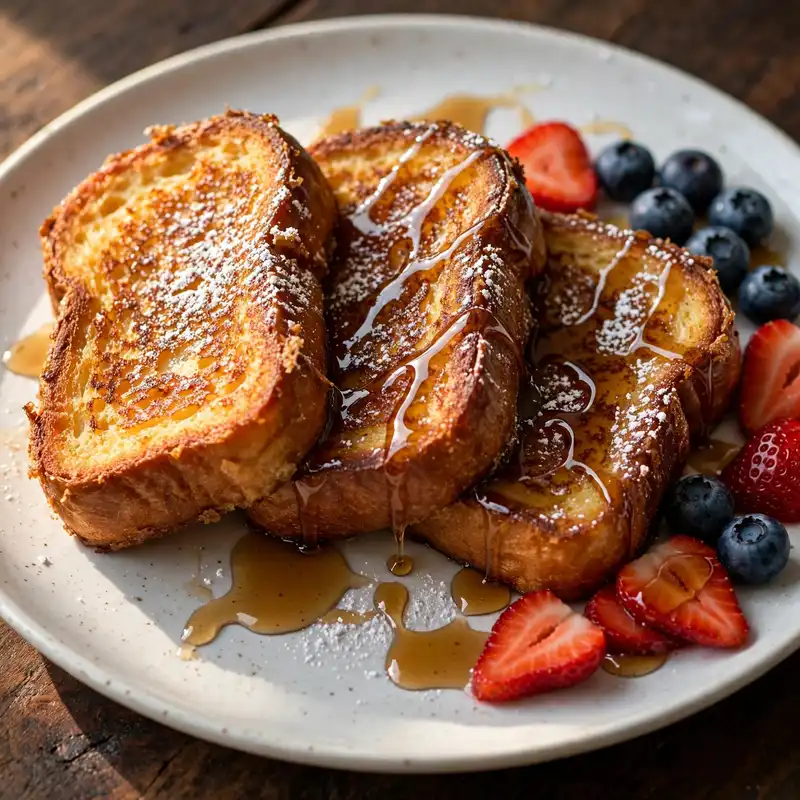 Final beauty shot of French toast with powdered sugar, fresh berries, and maple syrup drizzle on dark wood