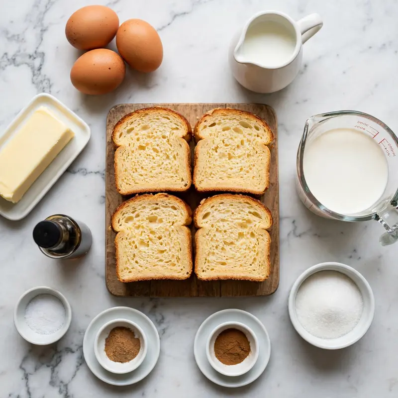 French toast ingredients flat lay on white marble including brioche, eggs, cream, cinnamon, and butter