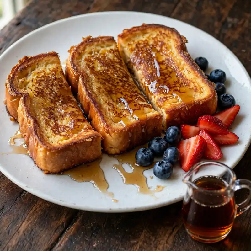French toast overhead on white plate with powdered sugar, raspberries, and maple syrup jug