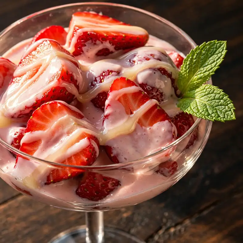 Final beauty shot of fresas con crema in clear glass bowl with condensed milk drizzle and fresh mint