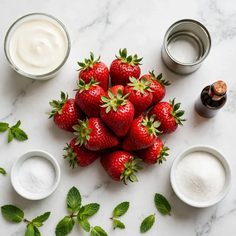 Fresas con crema ingredients flat lay on white marble including fresh strawberries, crema, condensed milk, and vanilla