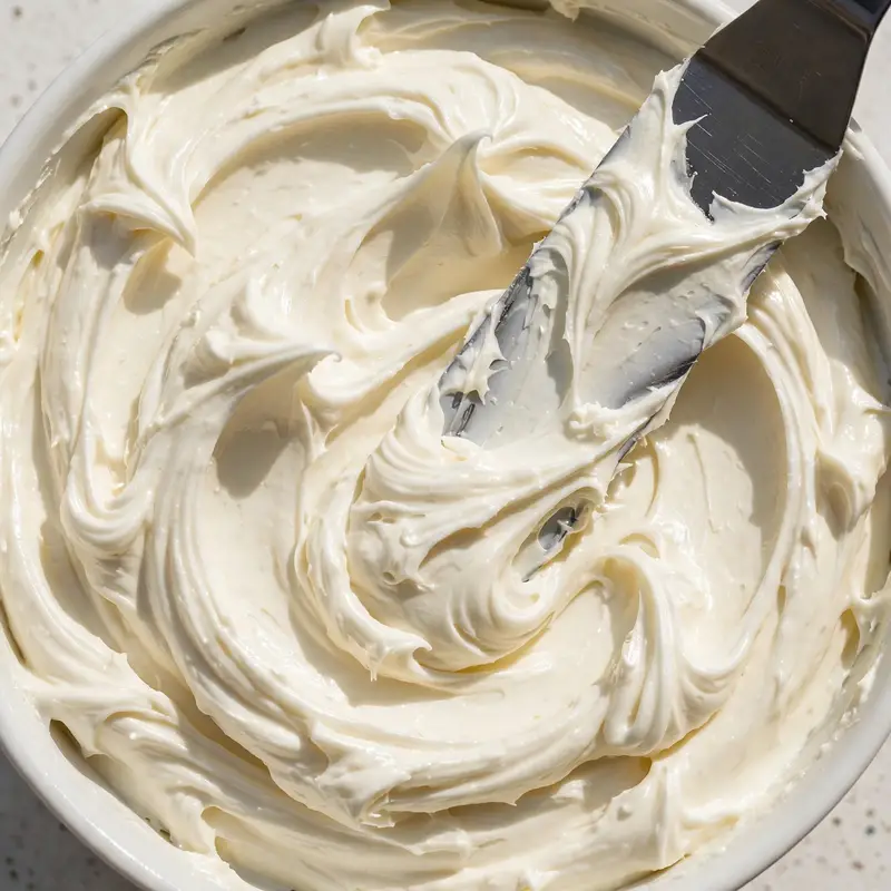 Bowl of smooth cream cheese frosting with a spatula creating a swirl