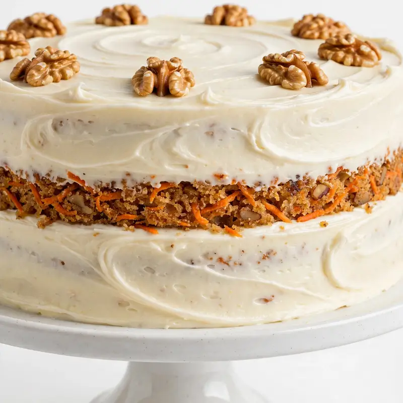 Frosted carrot cake with cream cheese frosting on a white cake stand
