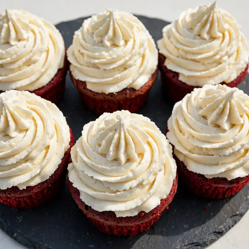Six red velvet cupcakes with piped cream cheese frosting swirls on a slate board