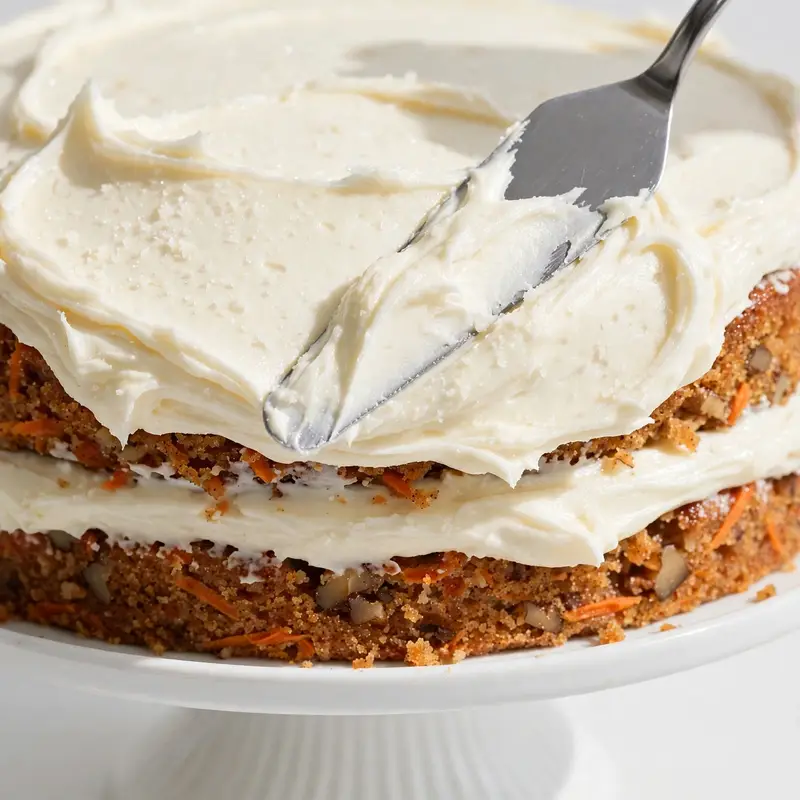 Cream cheese frosting being spread on a two-layer carrot cake on a white stand