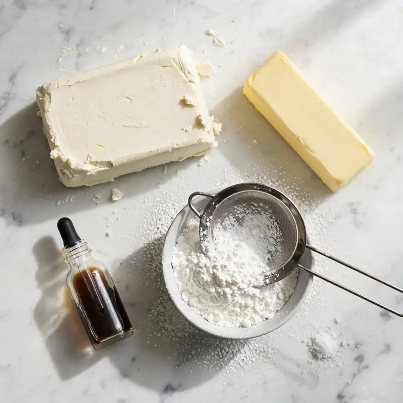 Cream cheese frosting ingredients laid out on white marble: cream cheese, butter