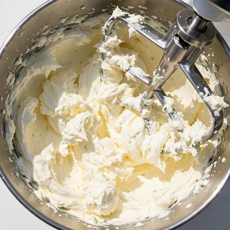 Cream cheese and butter being beaten together in a stand mixer bowl
