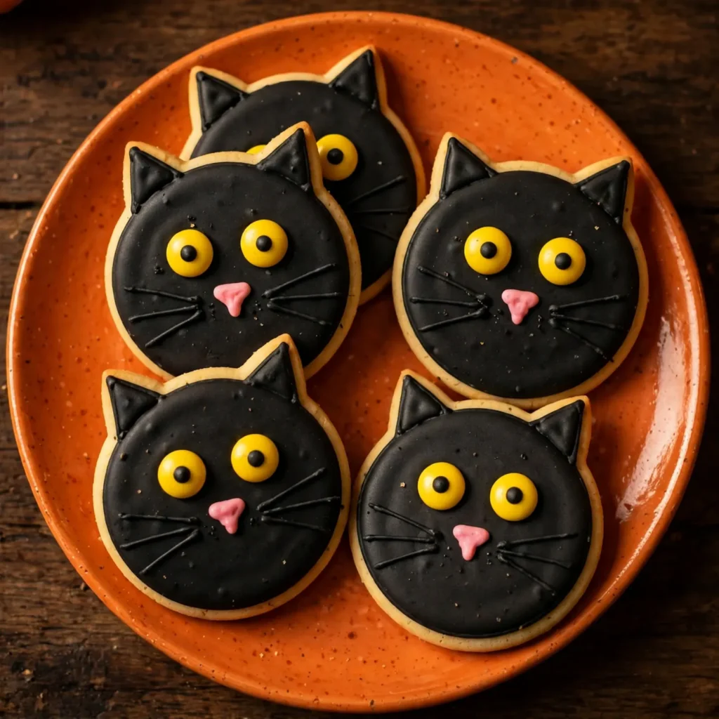 Black cat cookies with yellow candy eyes and pink fondant nose