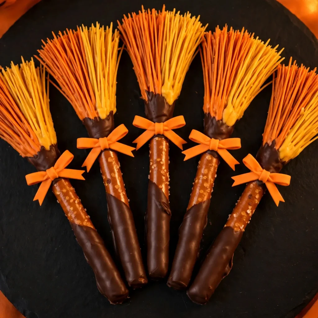 Broomstick pretzel cookies with chocolate-dipped handles and fanned bristles
