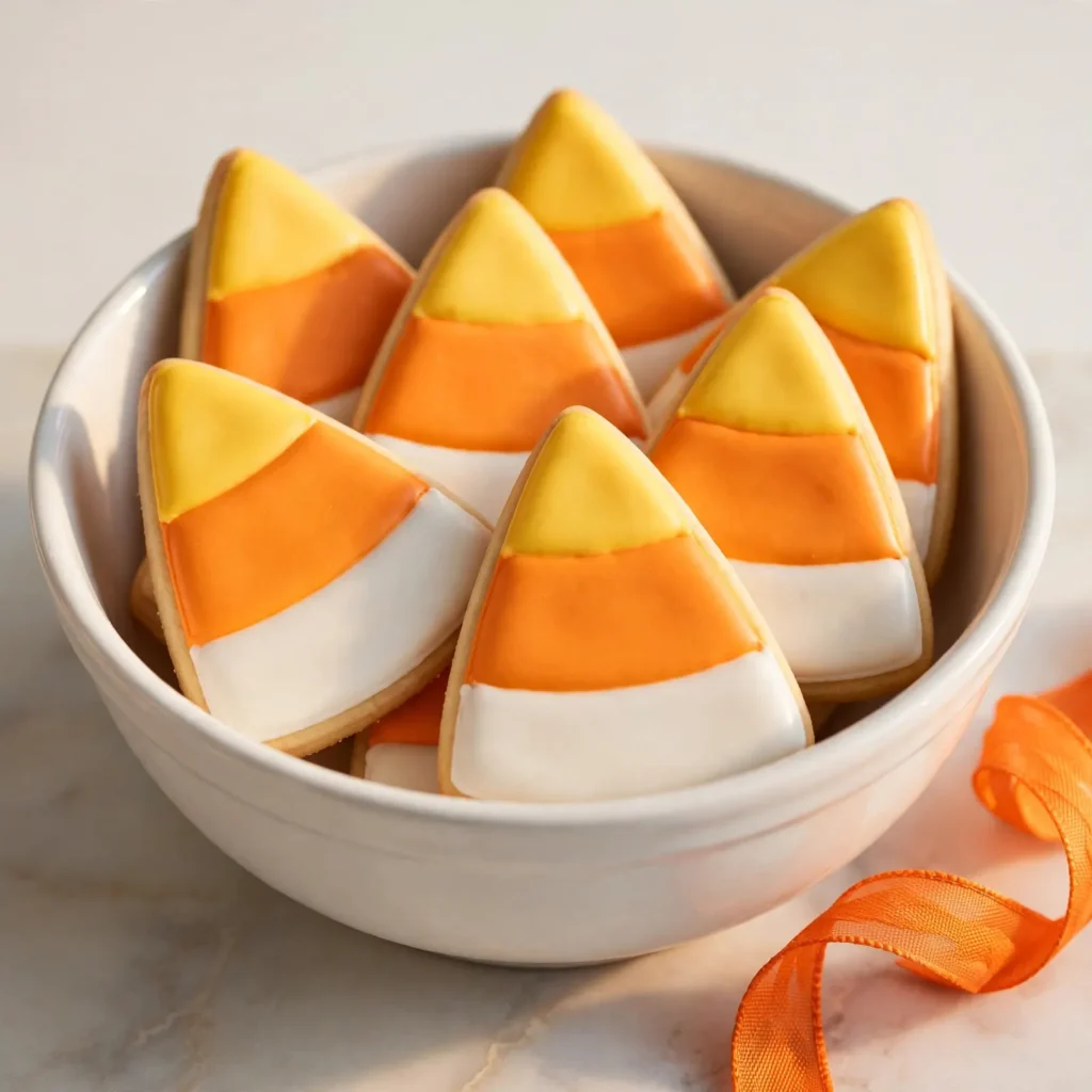 Candy corn shortbread triangles with yellow orange and white icing