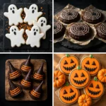 Halloween cookies grid with ghost spider web witch hat and jack-o-lantern cookies