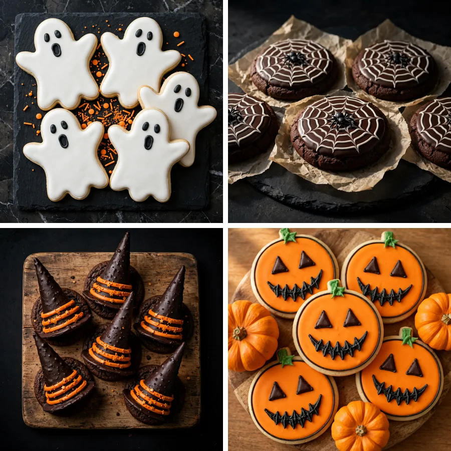 Halloween cookies grid with ghost spider web witch hat and jack-o-lantern cookies