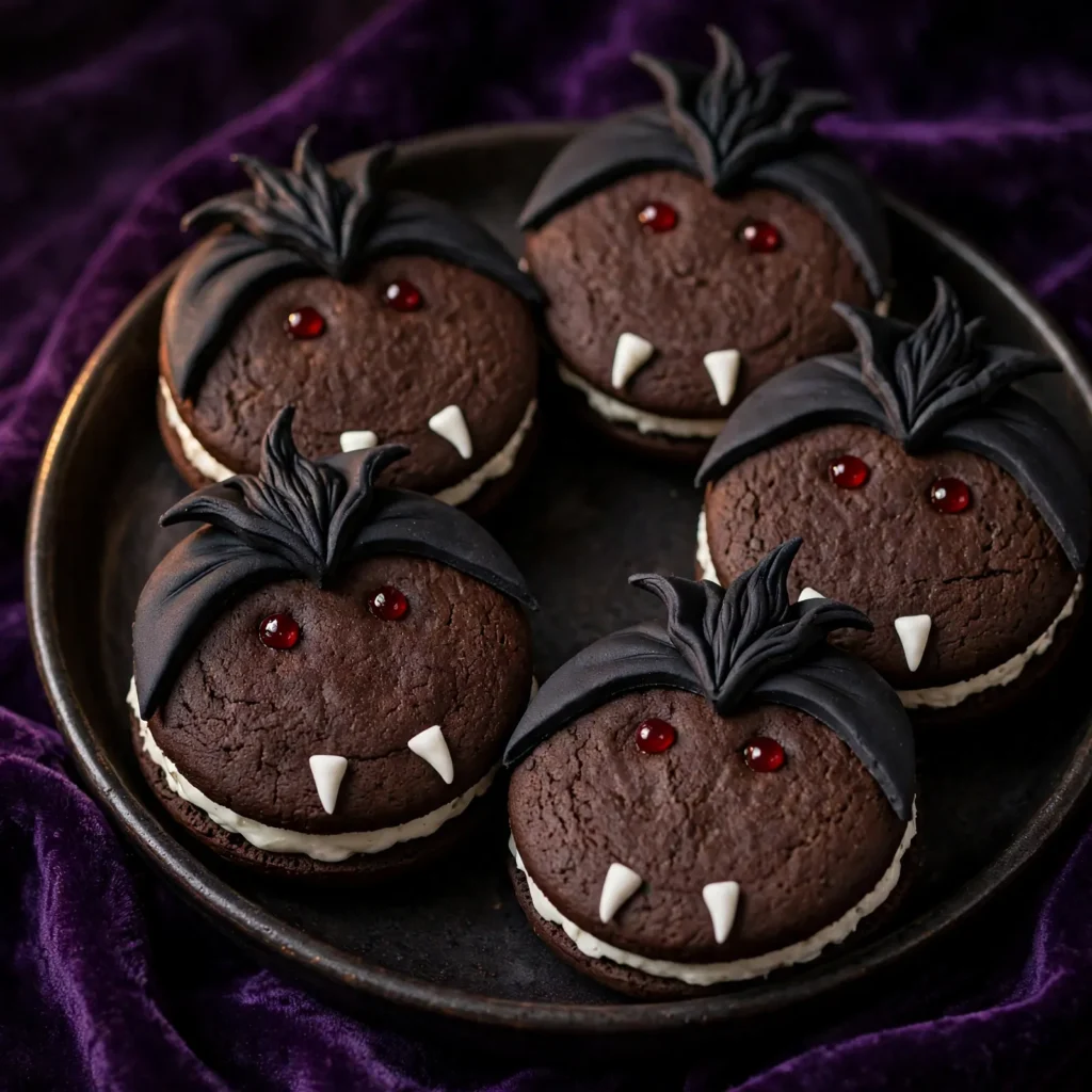 Dracula sandwich cookies with black fondant cape and candy fangs