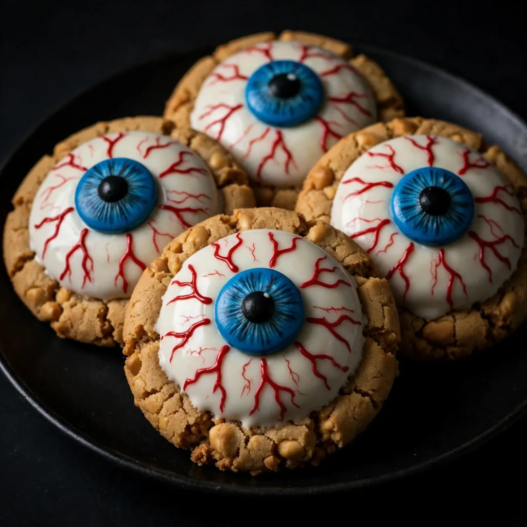 Eyeball peanut butter cookies with blue candy iris and red veins