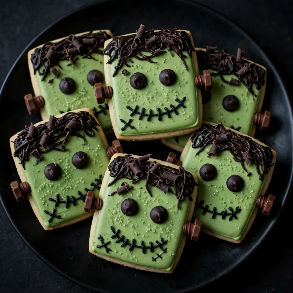 Frankenstein cookies with green frosting and chocolate bolt decorations