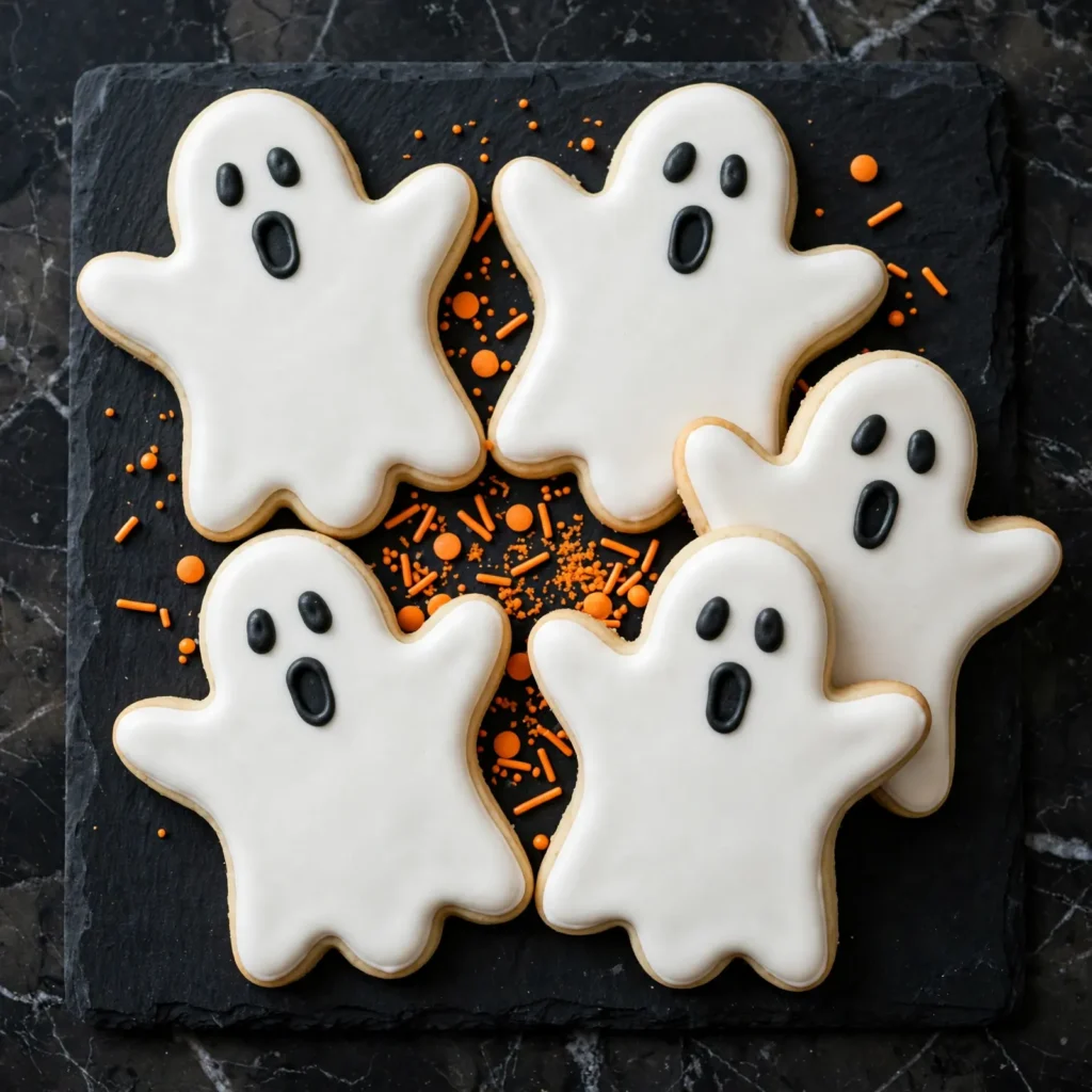 Ghost sugar cookies with white royal icing and black dot eyes on black slate board
