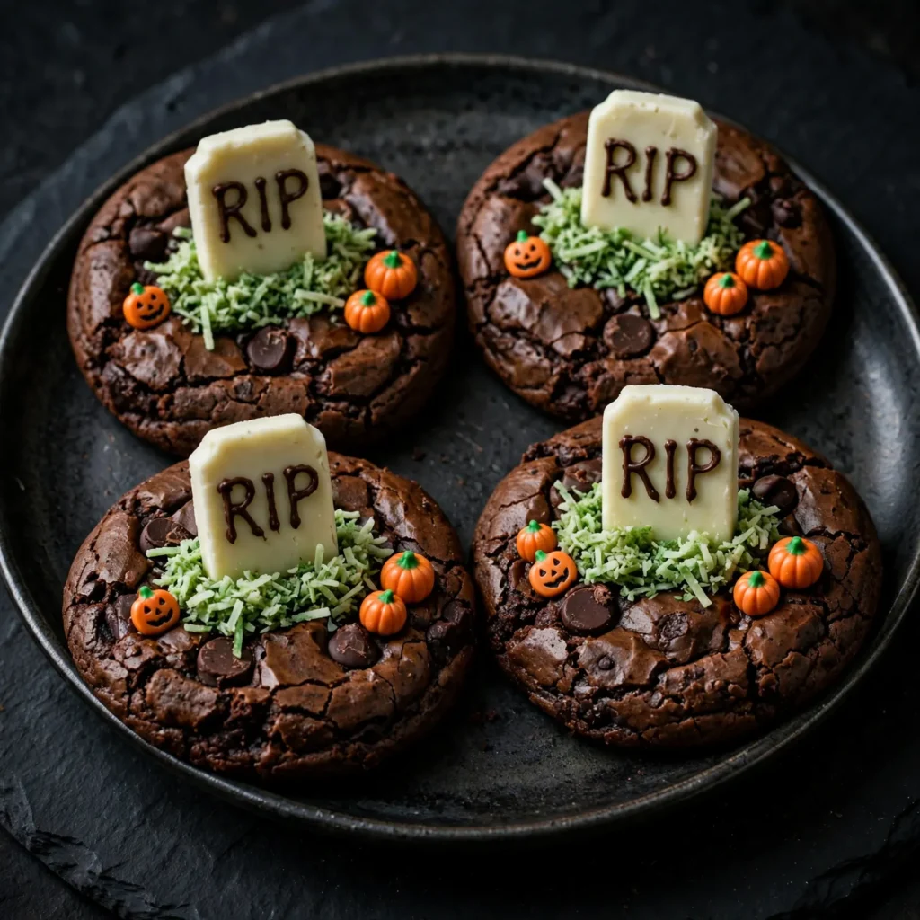 Graveyard brownie cookies with white chocolate RIP tombstone and coconut grass