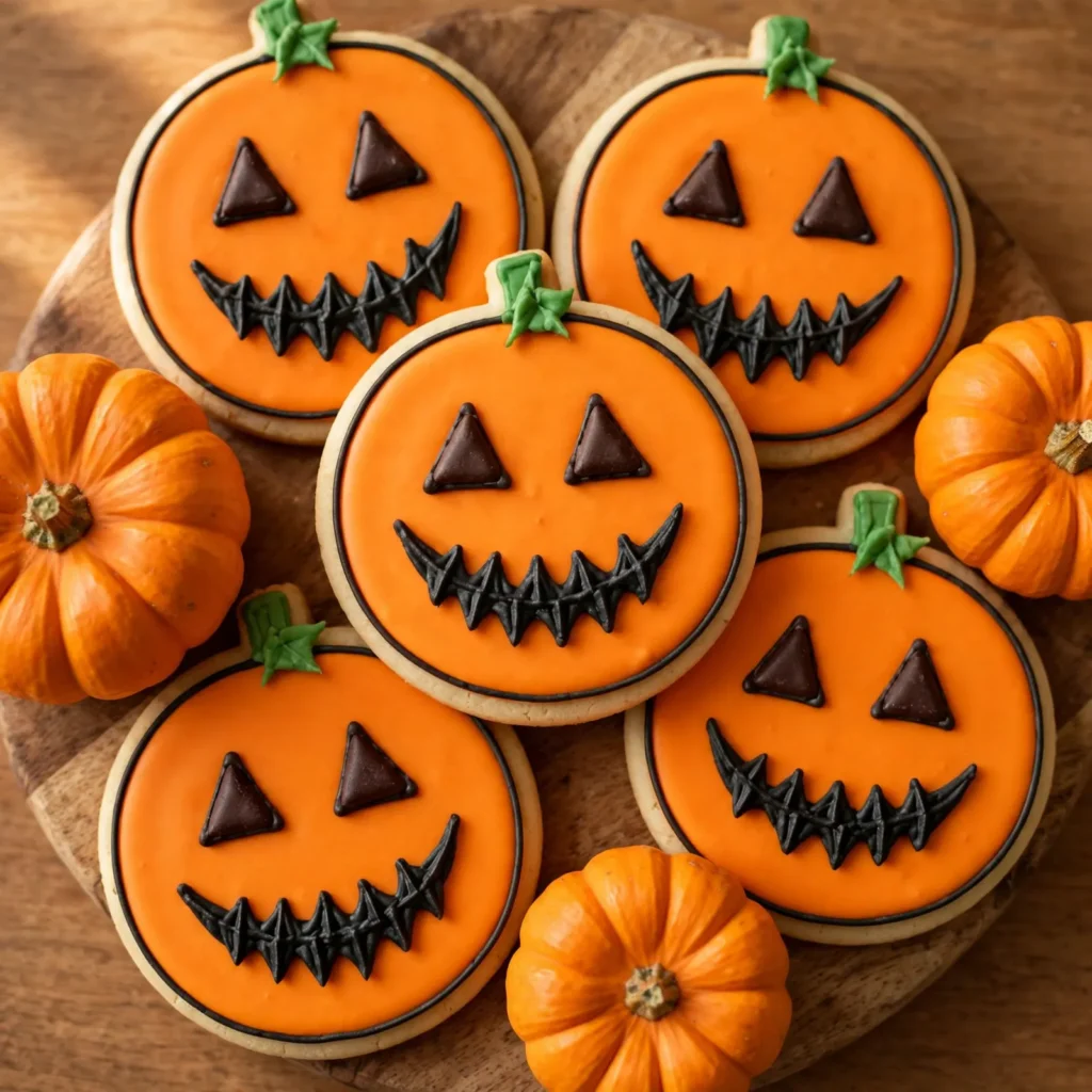 Jack-o-lantern cookies with chocolate chip eyes and green fondant stems