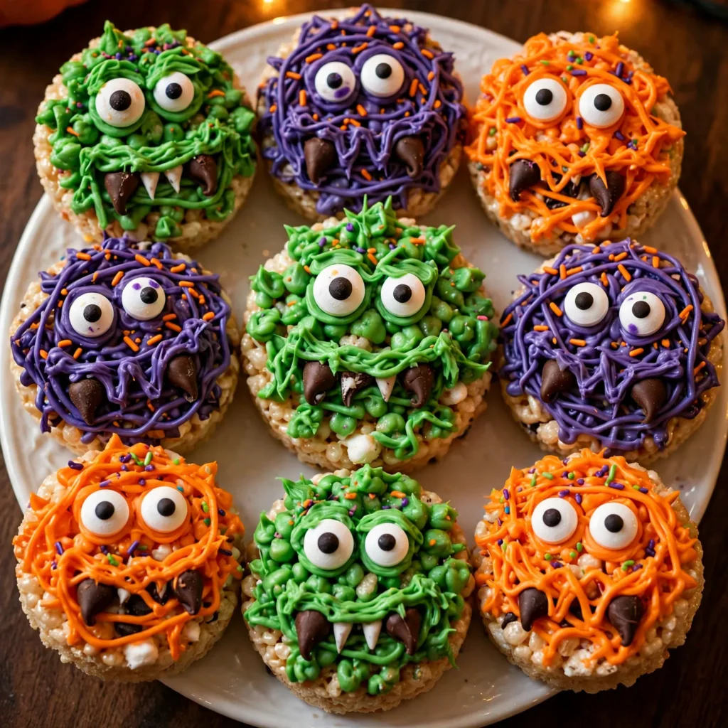 Monster rice krispie treats with candy eyes and chocolate chip fangs
