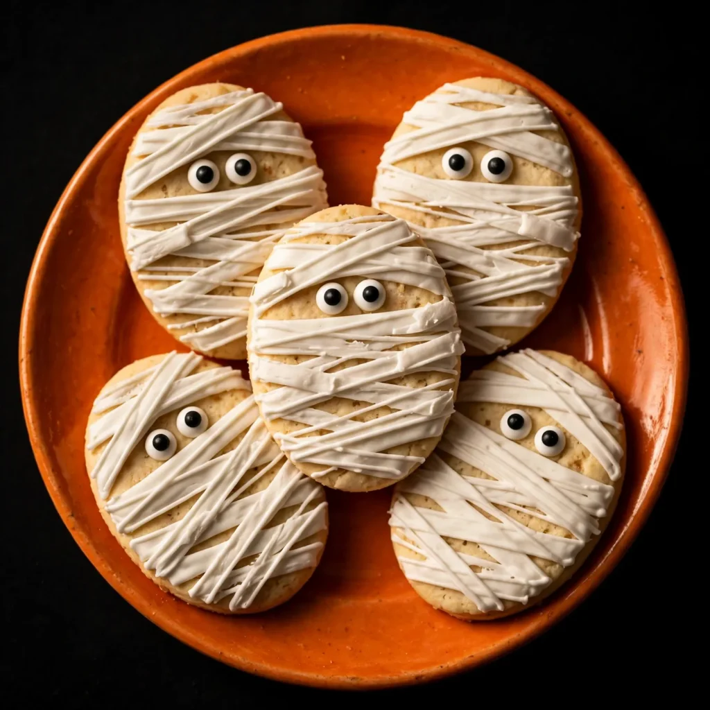 Mummy sugar cookies wrapped in white royal icing bandages with candy eyes