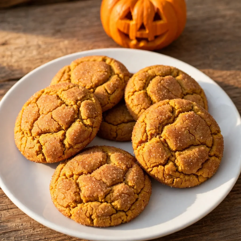 Pumpkin spice cookies rolled in cinnamon sugar on white ceramic plate