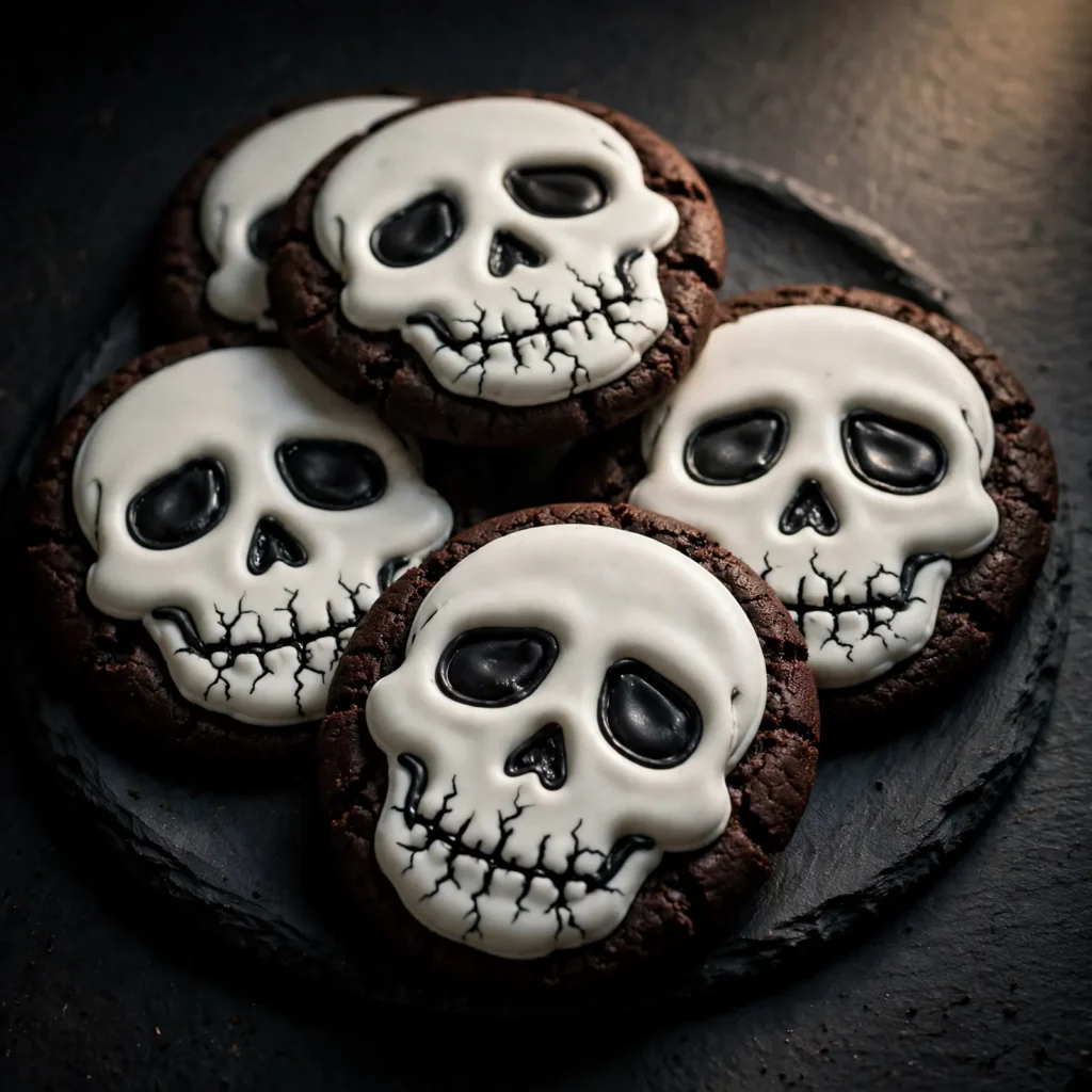 Skull chocolate cookies with white royal icing and black eye sockets