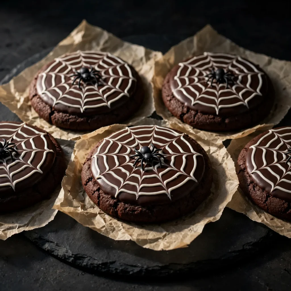 Chocolate cookies with white royal icing spider web and fondant spider