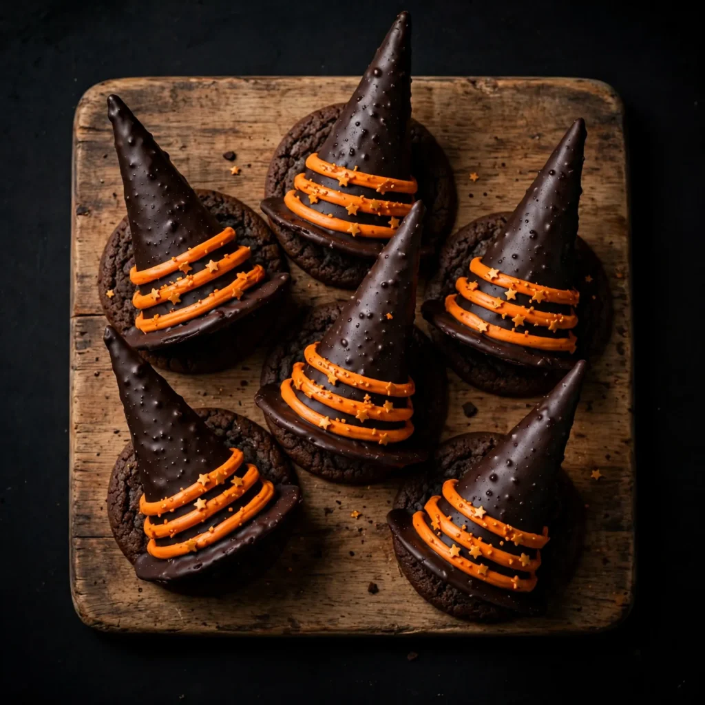 Witch hat cookies with chocolate-dipped cones and orange icing bands