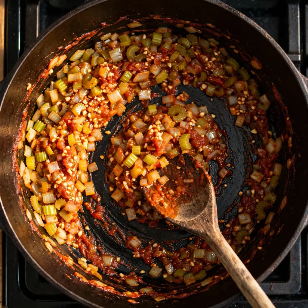 Onion celery and tomato paste caramelizing in a Dutch oven for hamburger soup