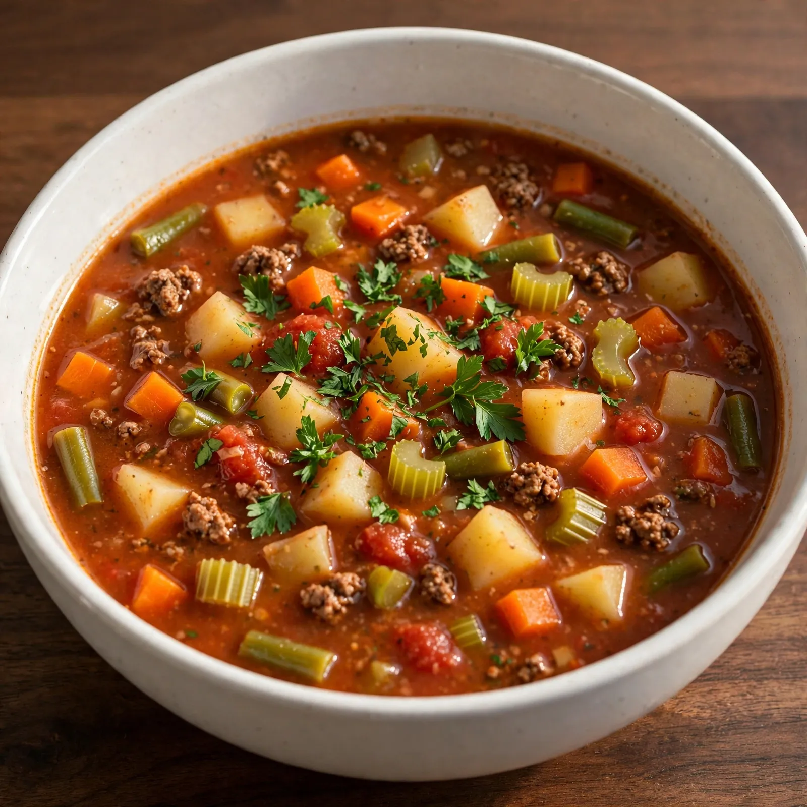 Easy Hamburger Soup in a white bowl with ground beef and vegetables