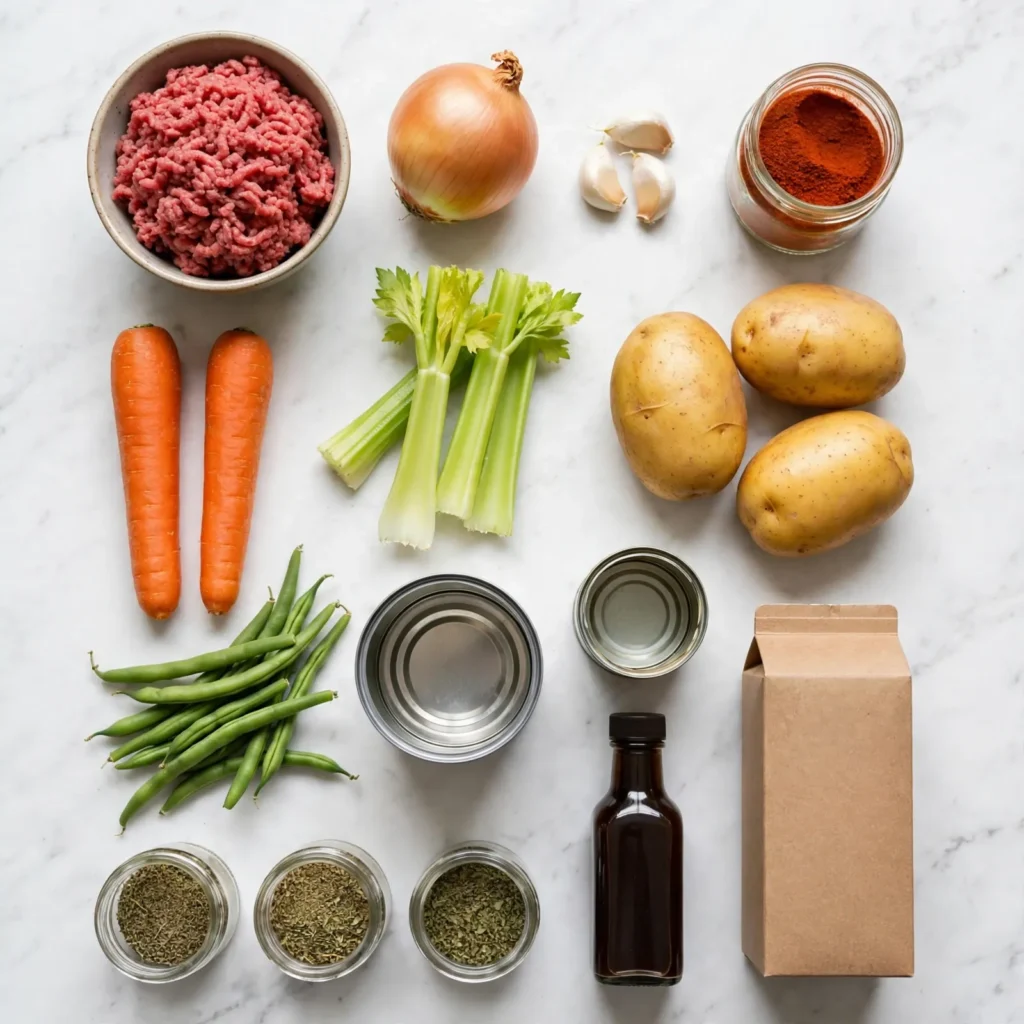 Hamburger soup ingredients on white marble including ground beef potatoes carrots tomatoes and beef broth