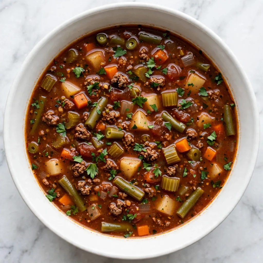 Overhead close-up of hamburger soup showing ground beef vegetables and rich tomato broth