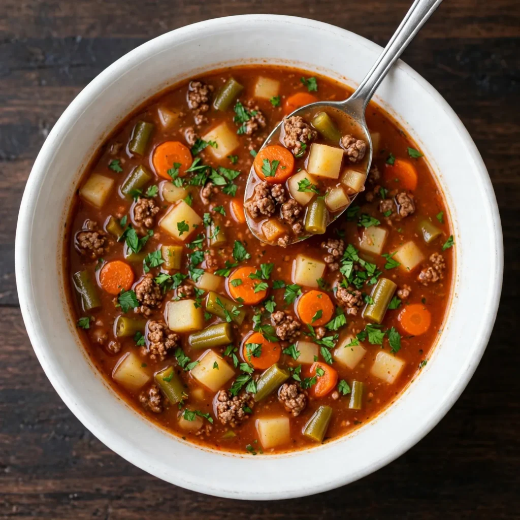 Overhead view of hamburger soup in a white bowl with beef vegetables parsley and tomato broth