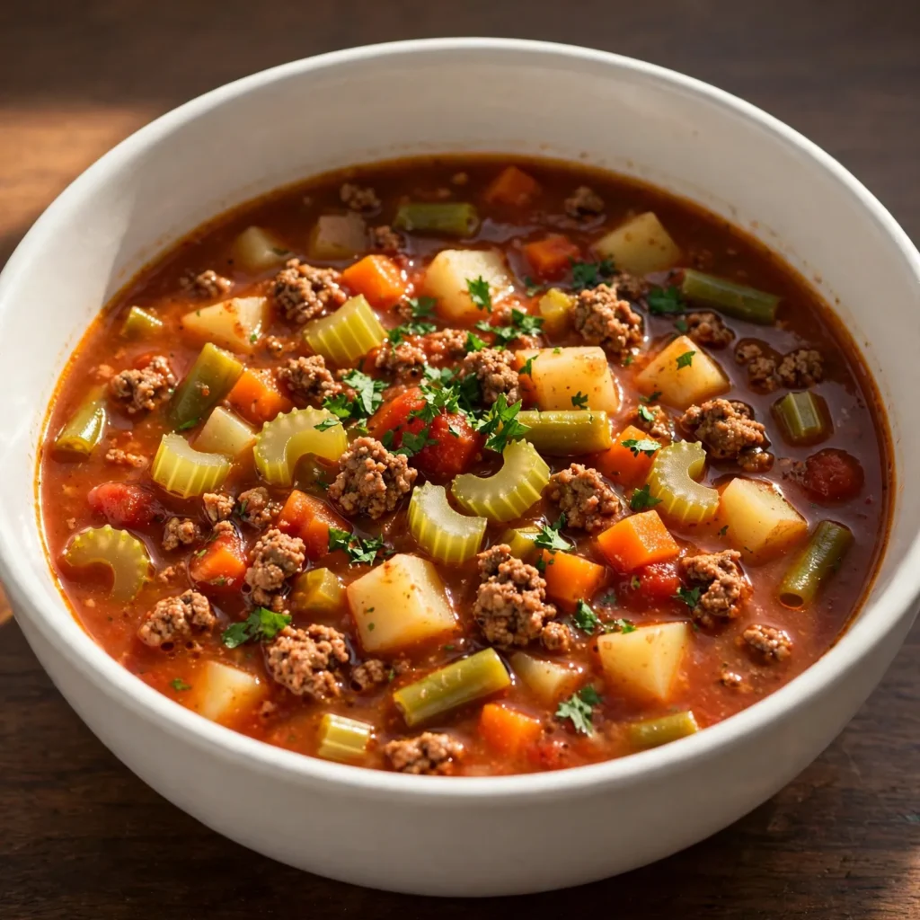 Hamburger soup in a white ceramic bowl with ground beef vegetables and tomato broth