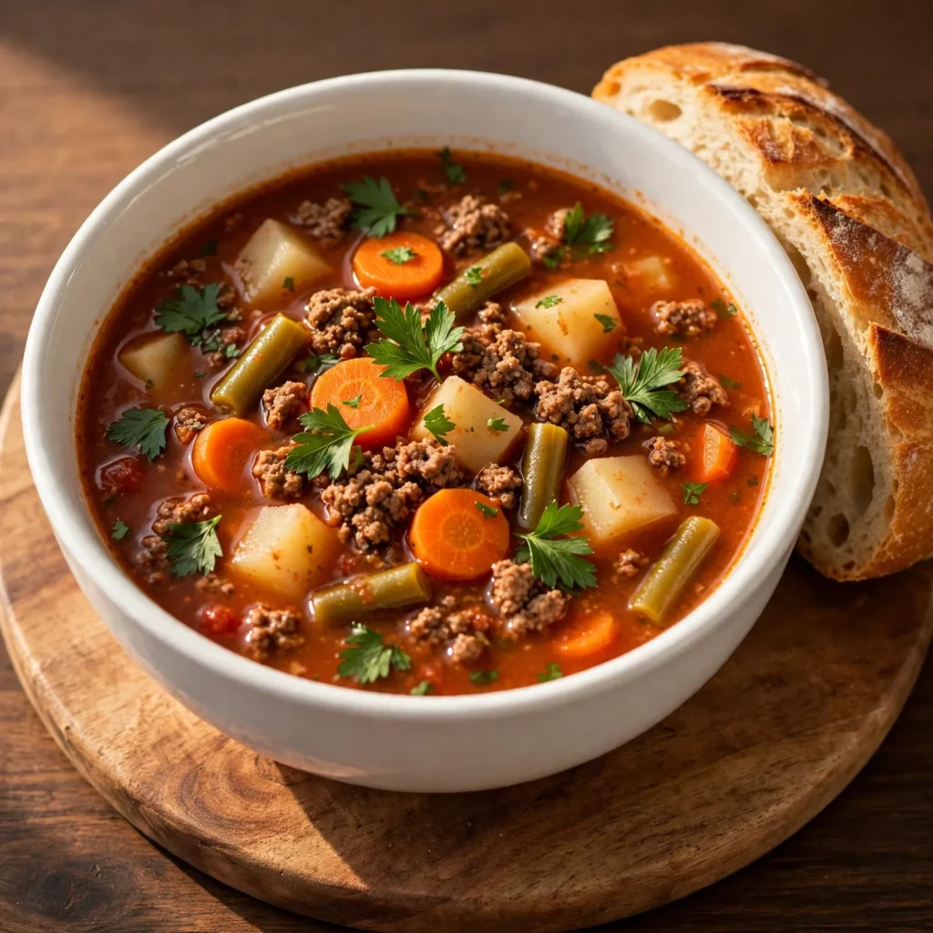 Bowl of hamburger soup on a wooden board with sourdough bread and parsley garnish