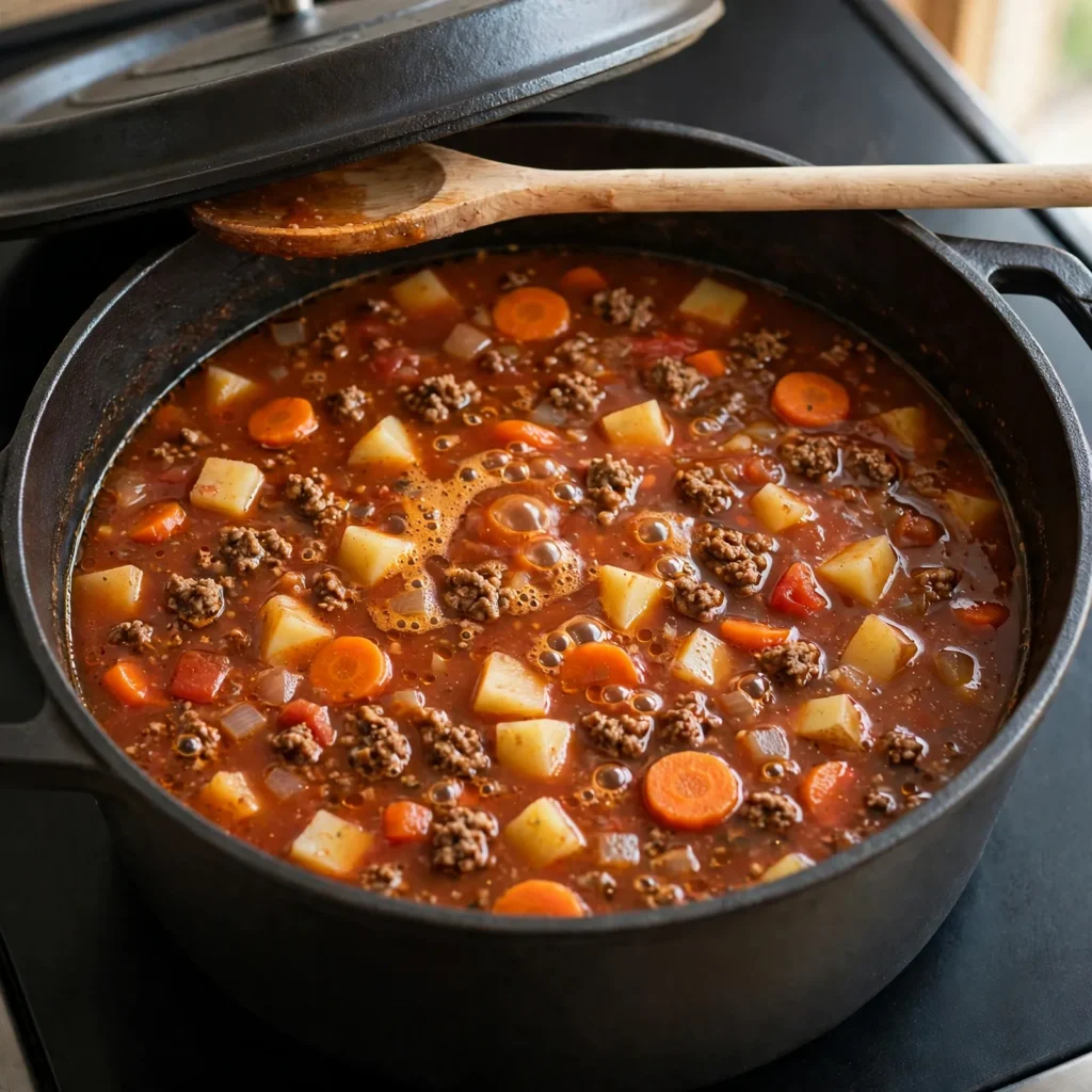 Hamburger soup simmering in a Dutch oven with ground beef potatoes and carrots in tomato broth