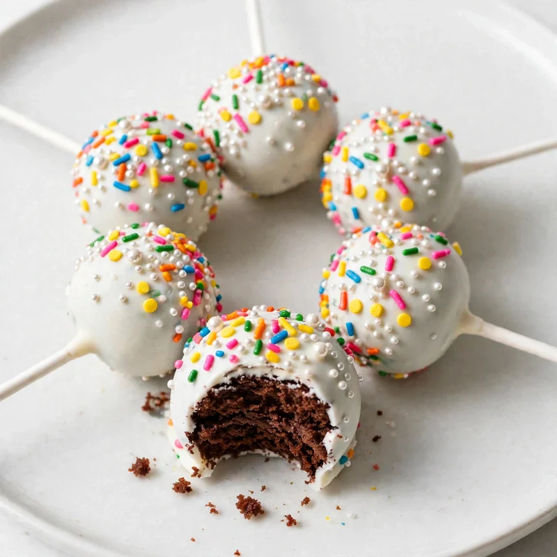Cake pops with white candy coating and colorful sprinkles on white marble surface