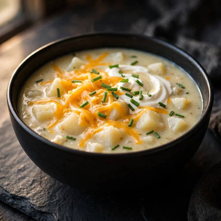 Chunky homemade potato soup in black bowl with cheddar and chives on dark slate