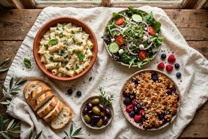Table full of homemade dishes - pasta, salad, berry crumble, bread and olives