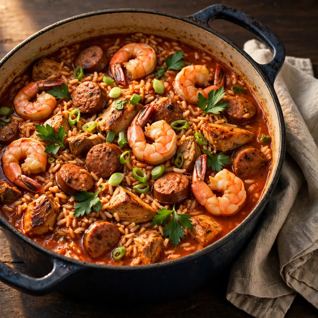 Large Dutch oven of jambalaya with smoky sausage shrimp chicken and rice garnished with green onions and fresh parsley