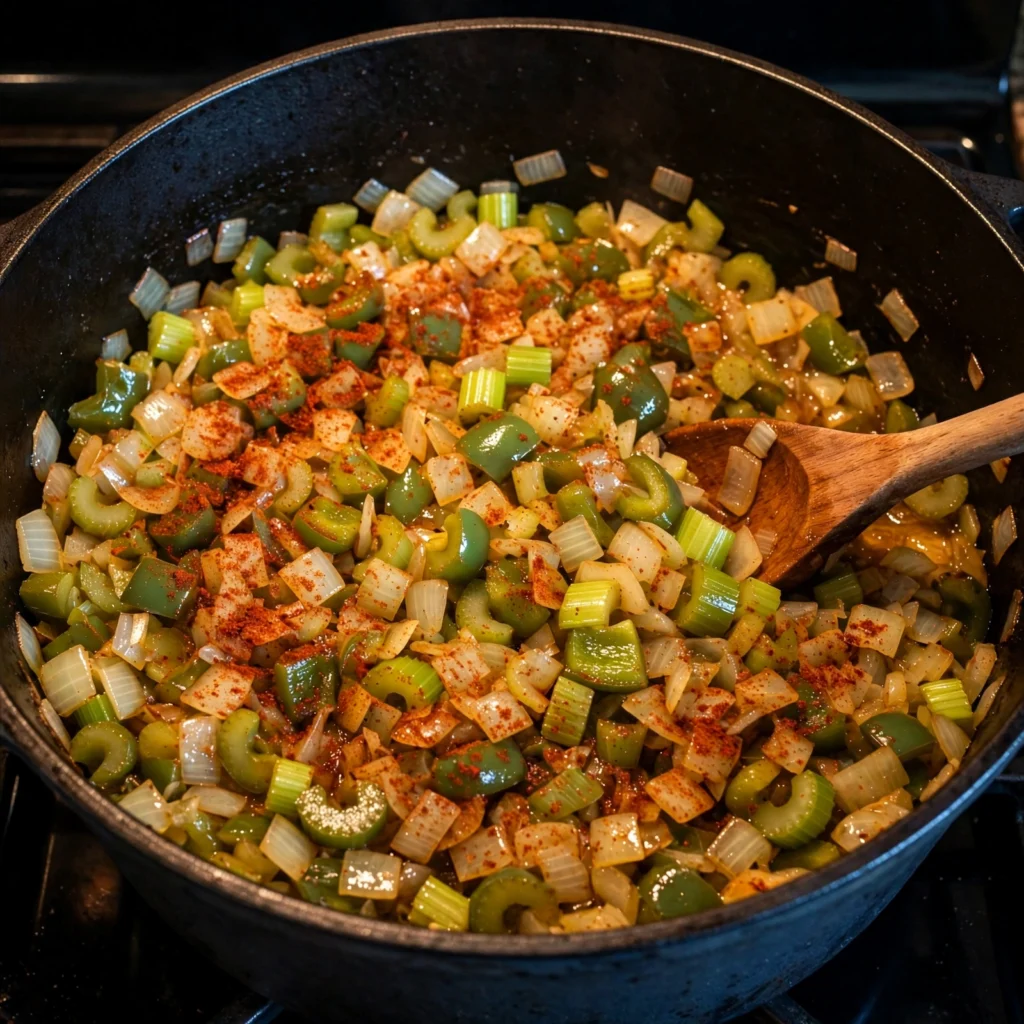 Cajun holy trinity vegetables in Dutch oven with Cajun spices added wooden spoon stirring