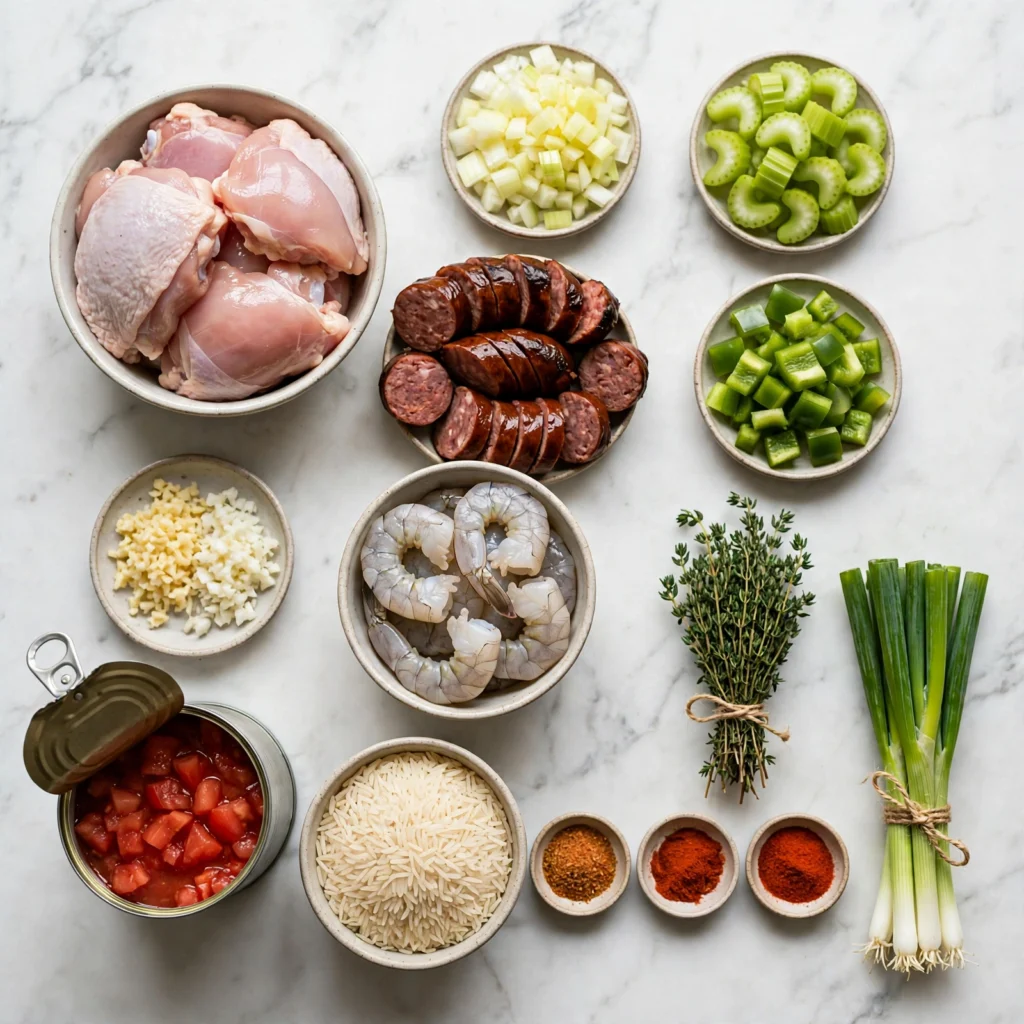 Jambalaya recipe ingredients flatlay on white marble including chicken sausage shrimp holy trinity vegetables rice and Cajun spices
