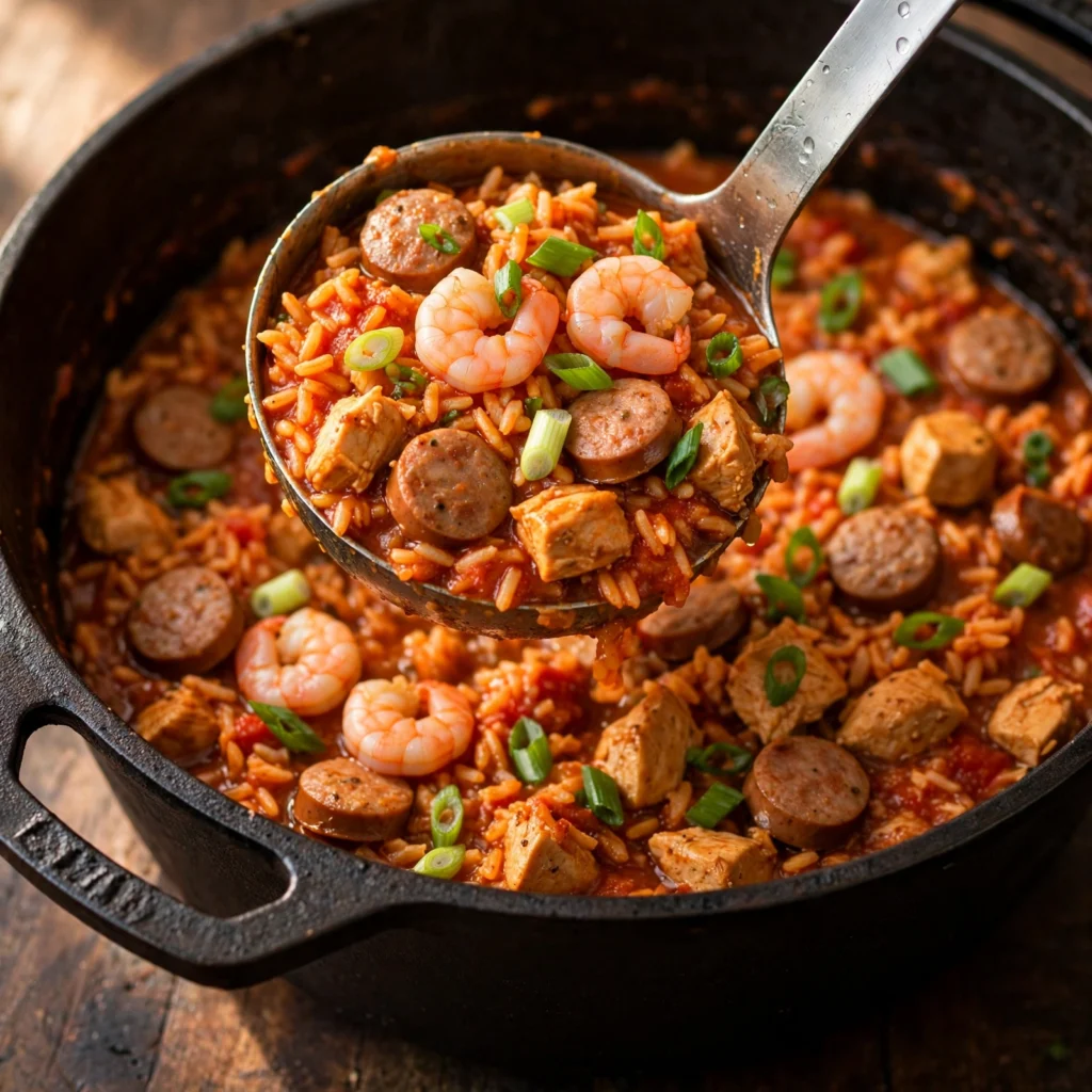 Ladle of jambalaya being served from Dutch oven showing red-orange rice shrimp sausage and chicken with green onions