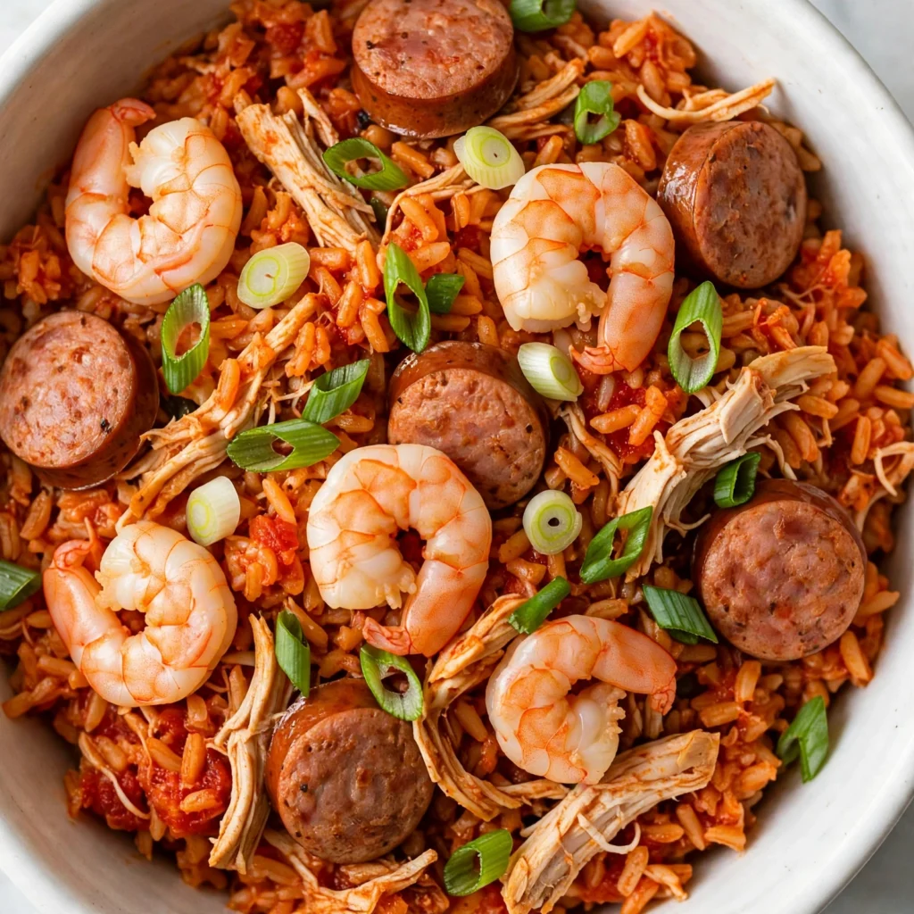 Overhead view of jambalaya in white bowl showing red-orange rice sausage shrimp chicken and green onion garnish