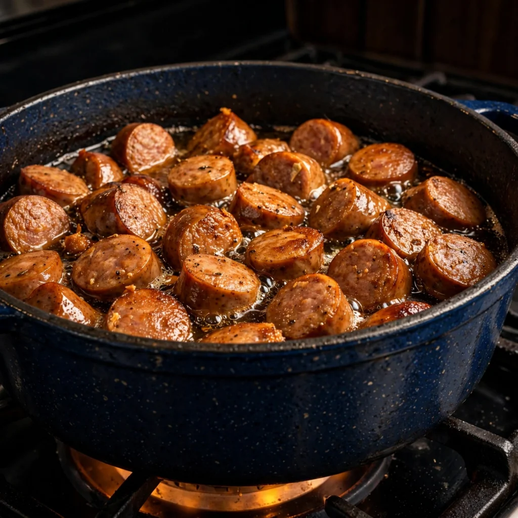 Smoked sausage slices browning in Dutch oven with caramelized surfaces and drippings in the pot