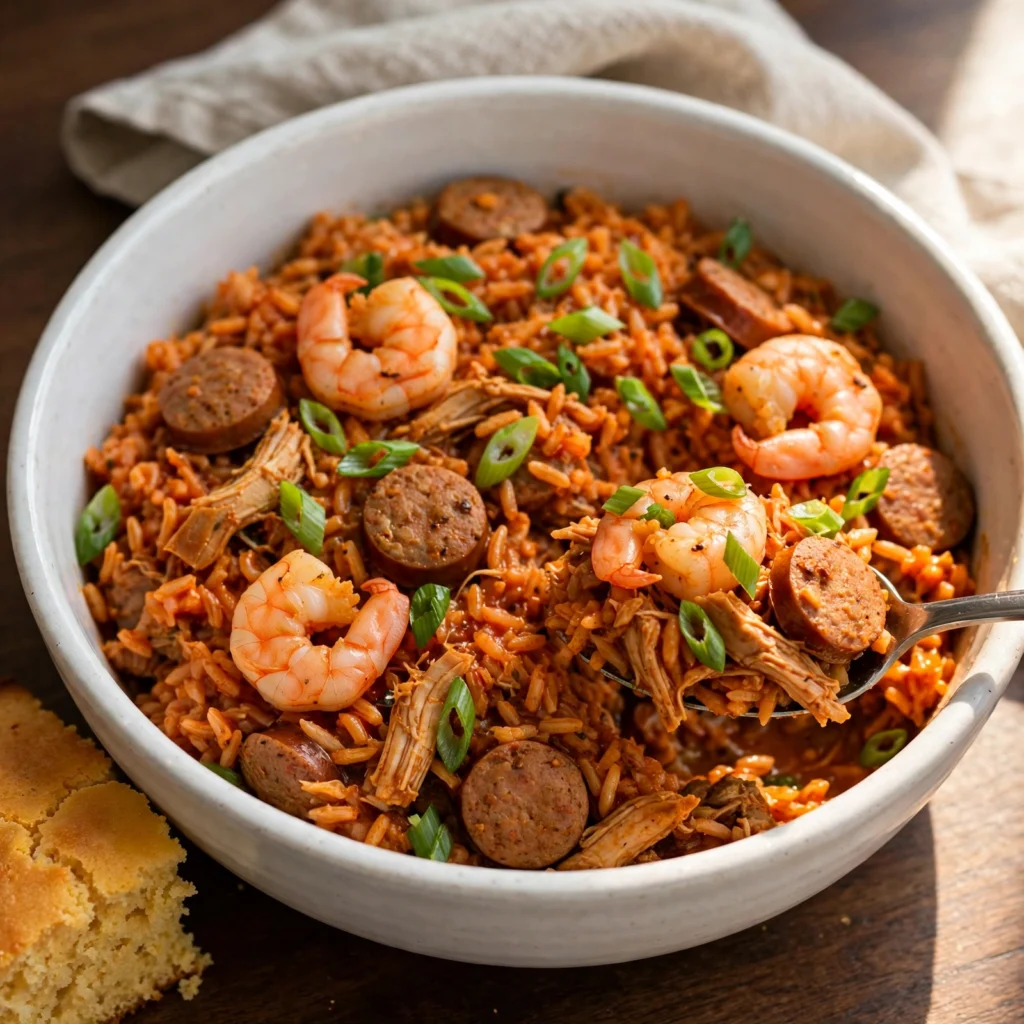 Bowl of jambalaya with shrimp sausage and chicken beside golden cornbread on dark wooden table warm side lighting