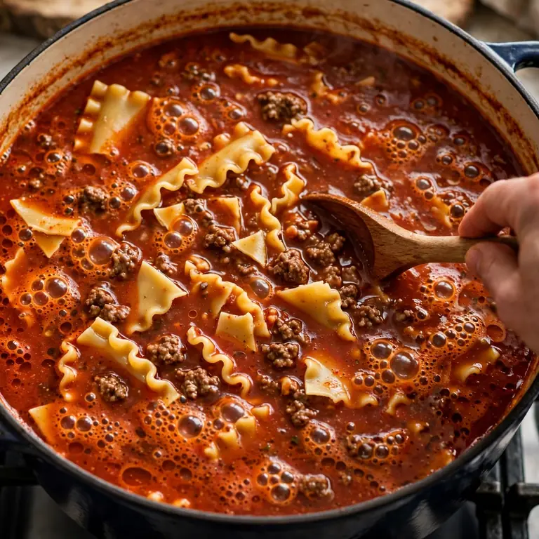 Broken lasagna noodles simmering in tomato beef broth in a Dutch oven for lasagna soup